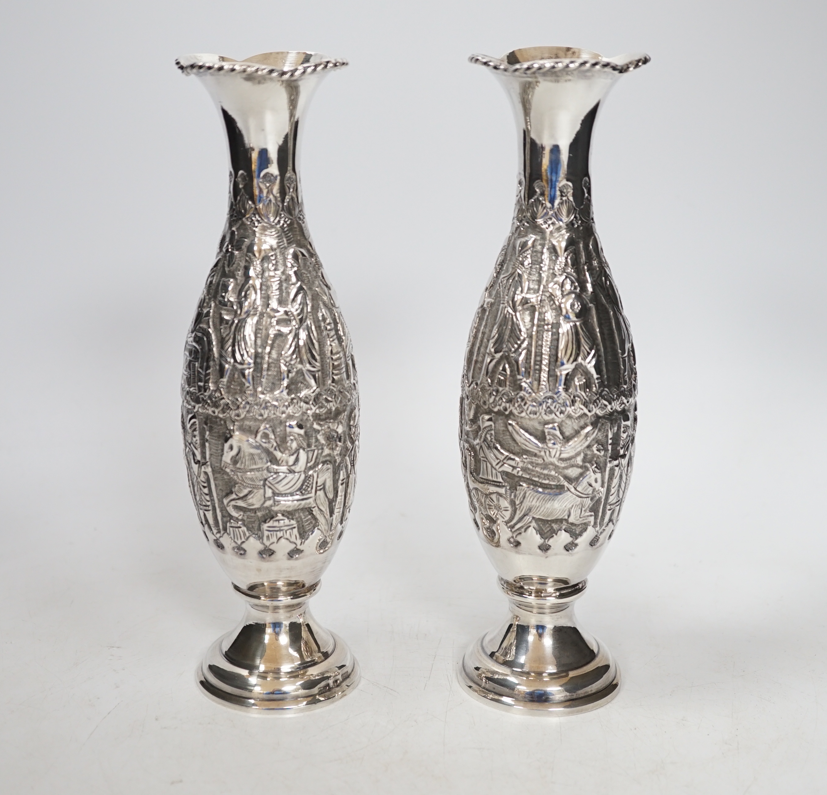 A pair of early 20th century Persian embossed 84 zolotnik white metal specimen vases - Shiraz -Zorostrian decoration depicting King Darius with bearers and emissaries, stamped 84, height 21cm